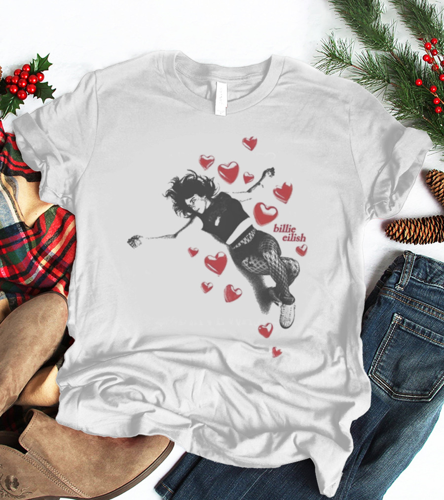 Billie Eilish Surrounded By Floating Red Hearts Valentine T-Shirt