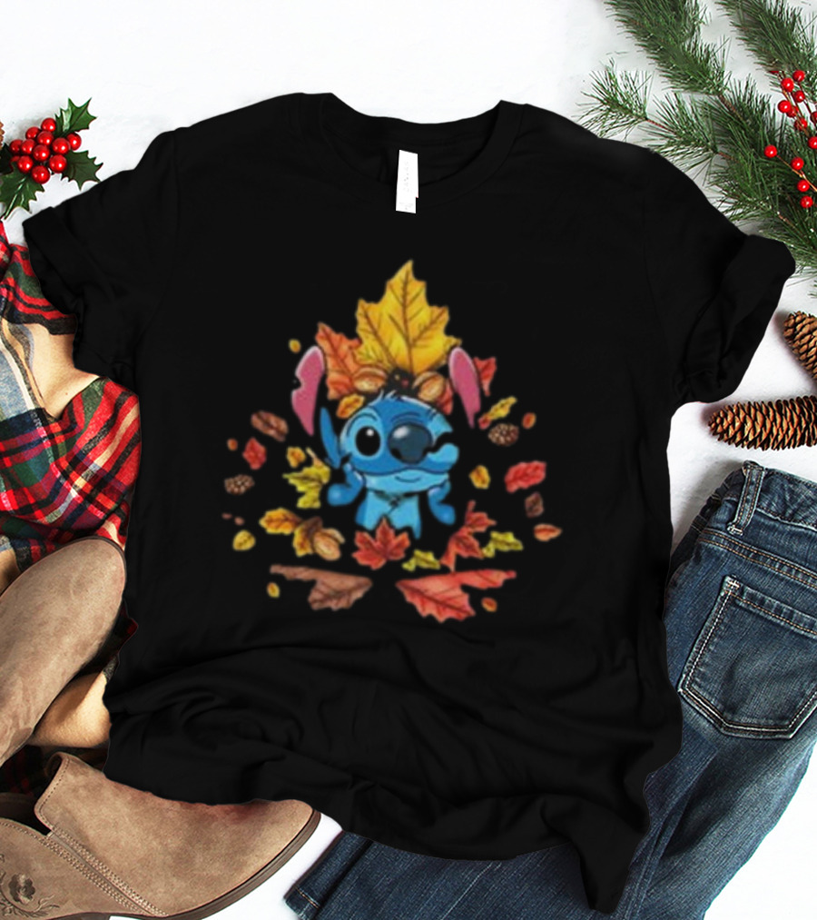Stitch Ohana Autumn Leaf Celebration With Colorful Fall Foliage T-Shirt