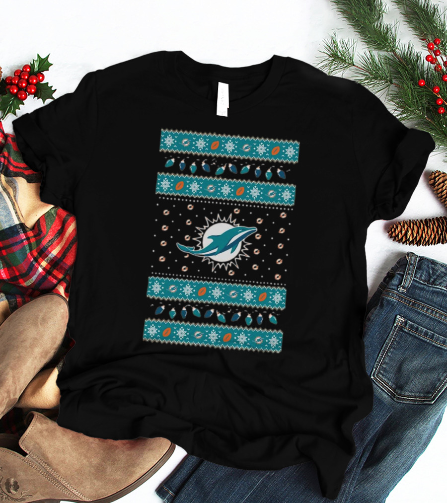 Miami Dolphins NFL Holiday Lights Ugly Sweater Christmas Football T-Shirt