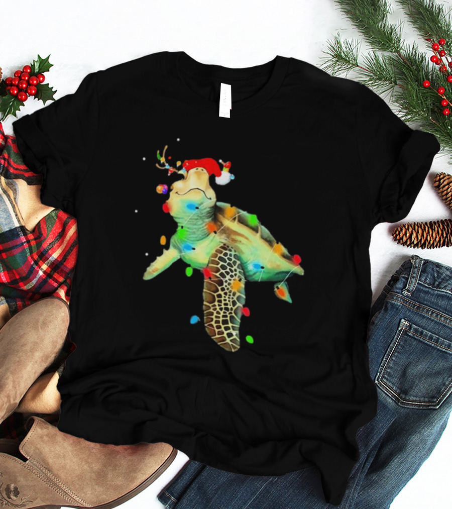 Sea Turtle Christmas Lights Santa Hat Merry Christmas T-Shirt