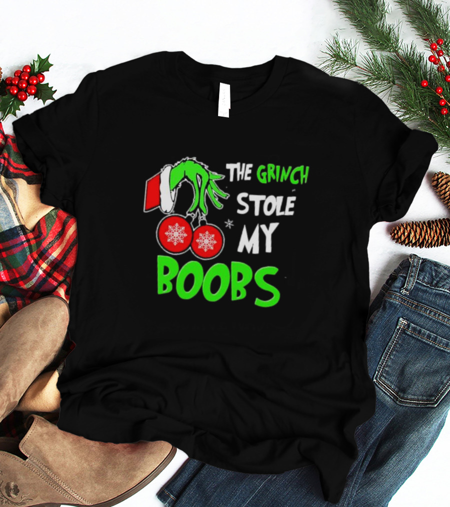 The Grinch Stole My Boobs Christmas Snowflakes Hand T-Shirt