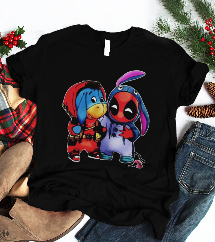 Baby Donkey And Deadpool In Cosplay Onesies With Bunny Ears And Red T-Shirt