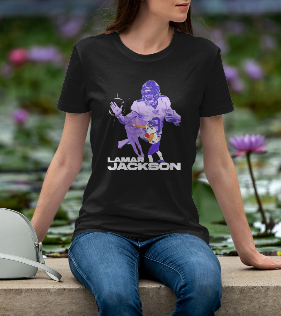 Lamar Jackson Baltimore Ravens NFL Stiff Arm Dynamic Action Play T-Shirt