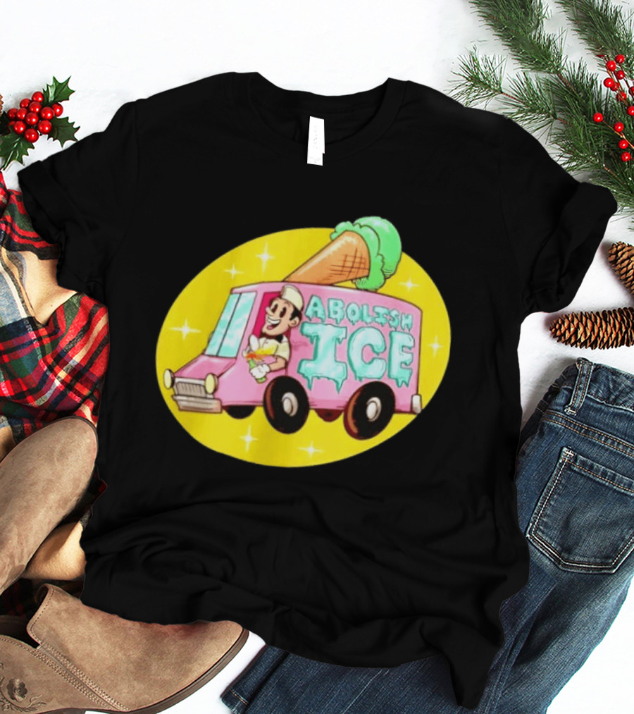 Abolish Ice Pink Ice Cream Truck With Melting Cone On Yellow T-Shirt
