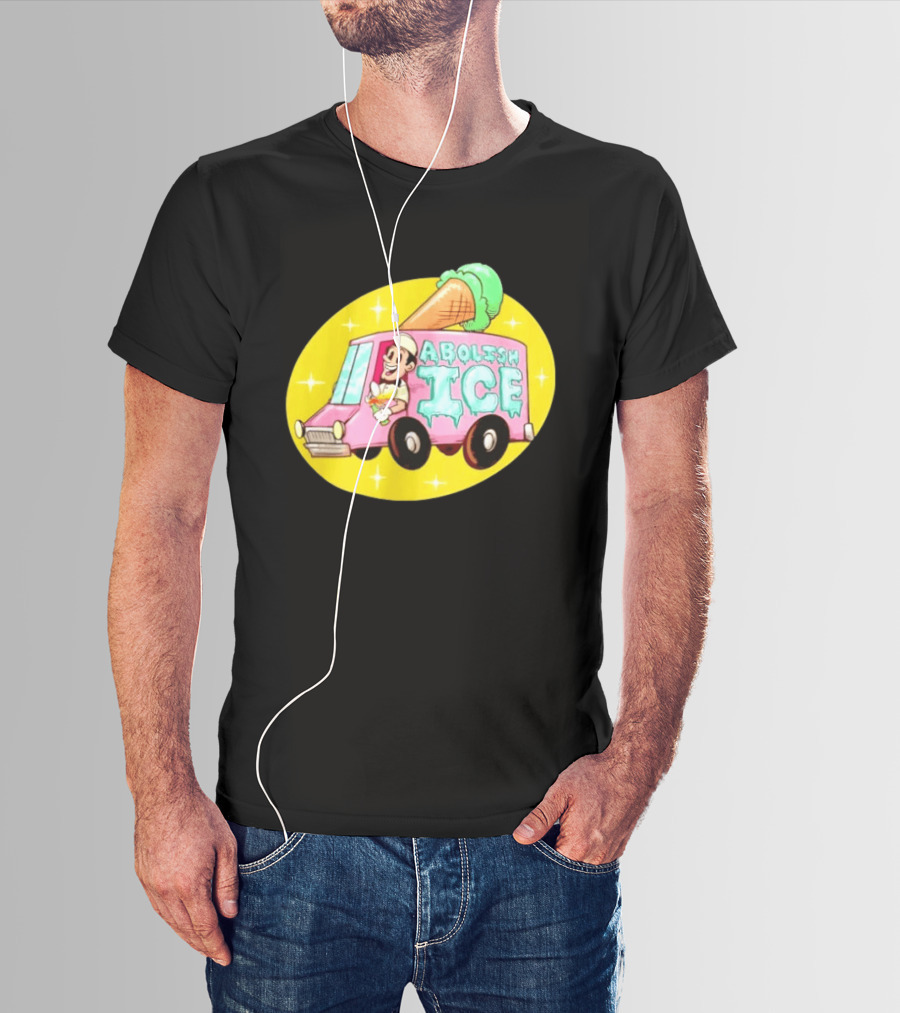 Abolish Ice Pink Ice Cream Truck With Melting Cone On Yellow T-Shirt