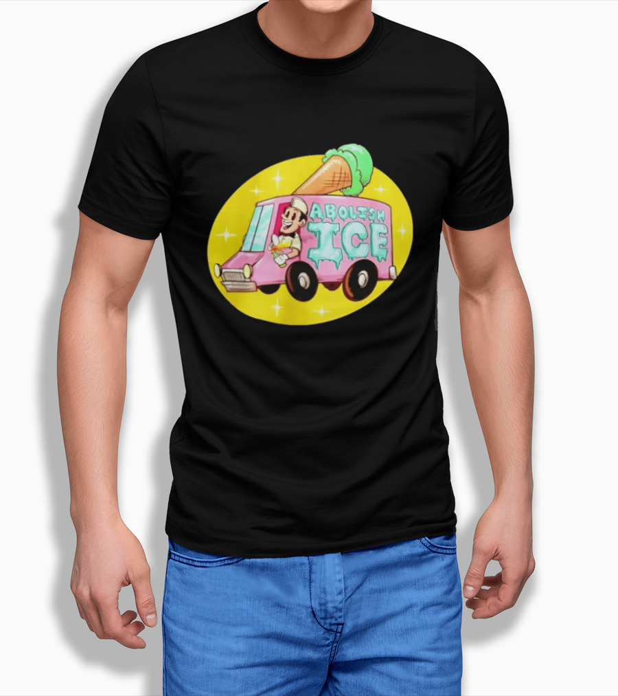 Abolish Ice Pink Ice Cream Truck With Melting Cone On Yellow T-Shirt