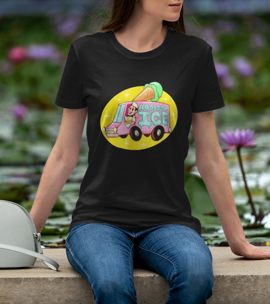 Abolish Ice Pink Ice Cream Truck With Melting Cone On Yellow T-Shirt