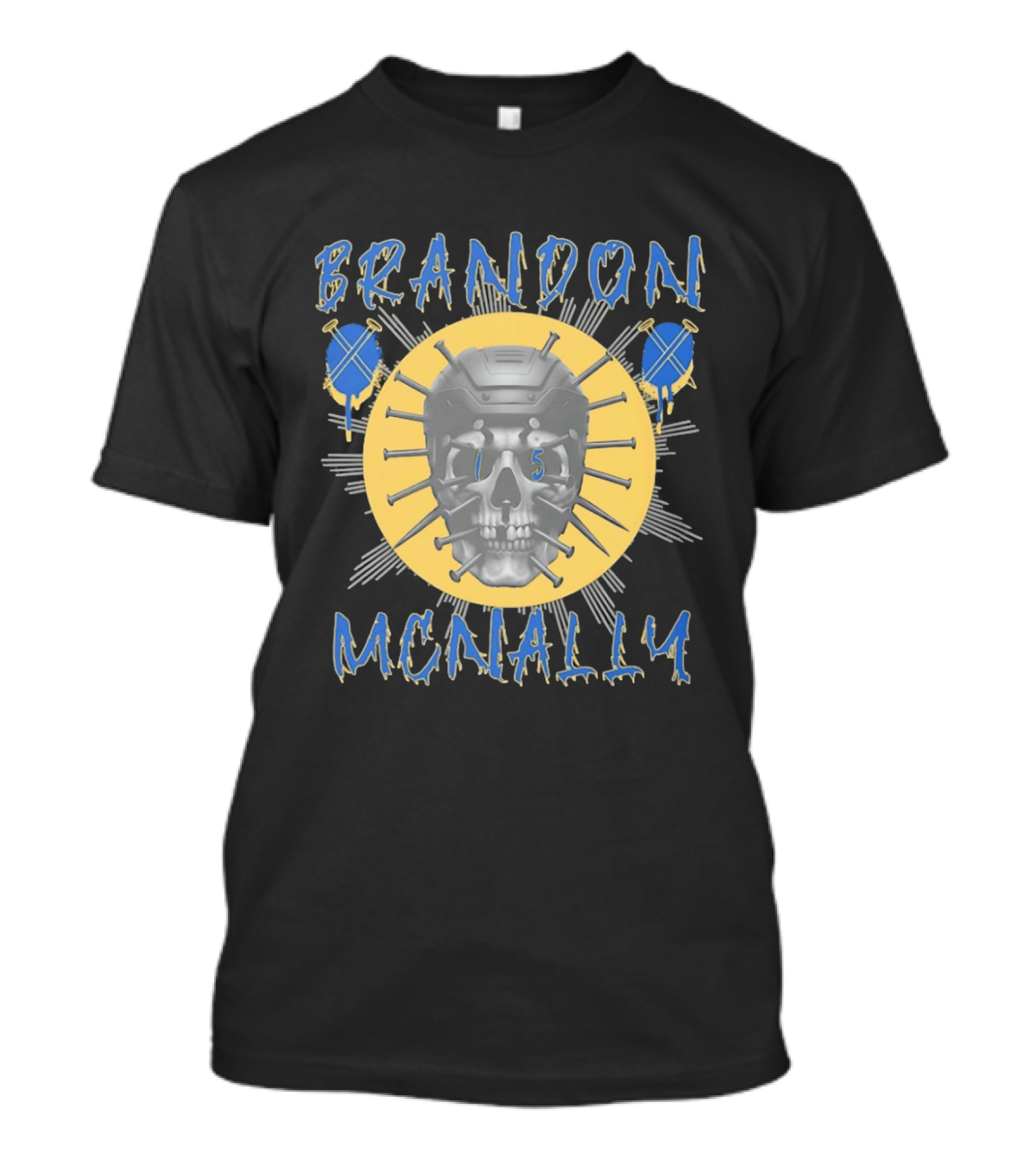 Brandon McNally Hockey Skull 15 Helmet Nails Blue Yellow T-Shirt