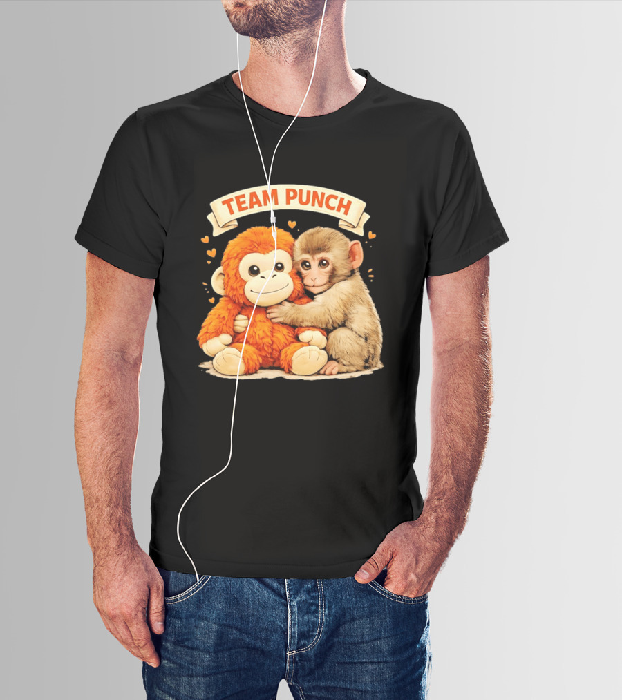 Team Punch Cute Baby Monkey Hugging Orange Plush Toy Charming Japanese Style Hearts T-Shirt