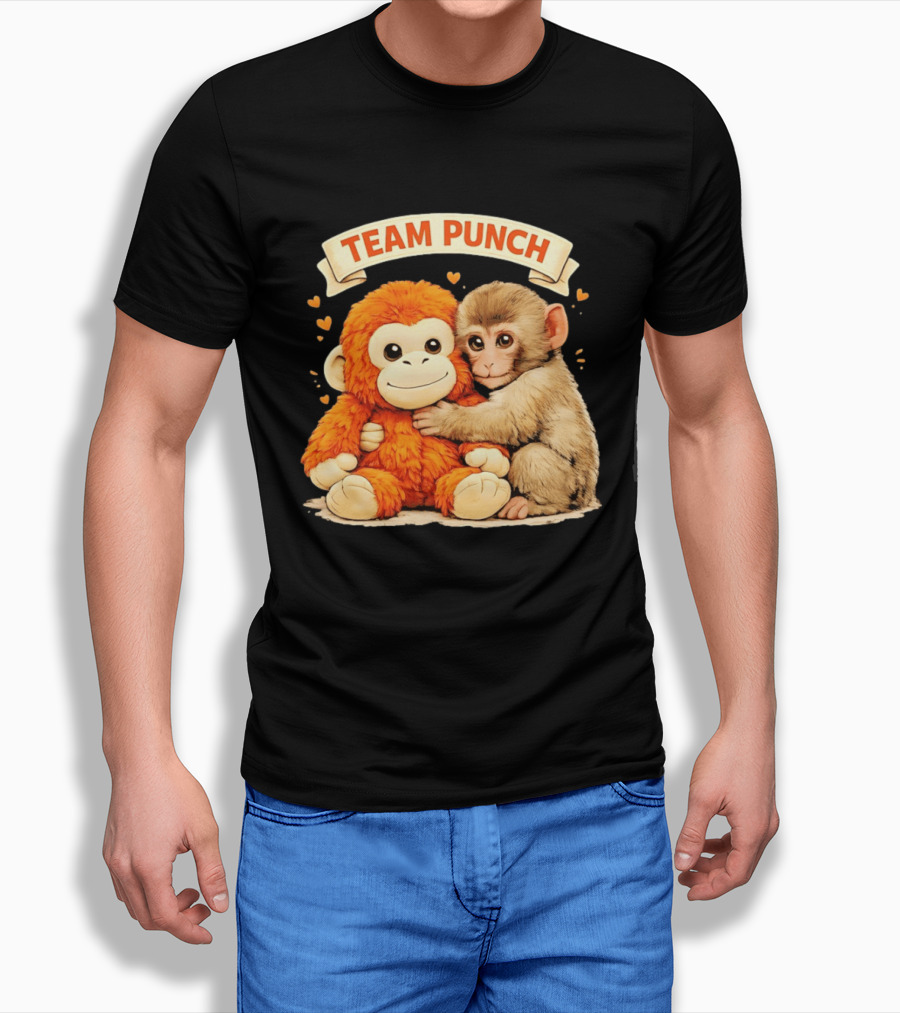 Team Punch Cute Baby Monkey Hugging Orange Plush Toy Charming Japanese Style Hearts T-Shirt