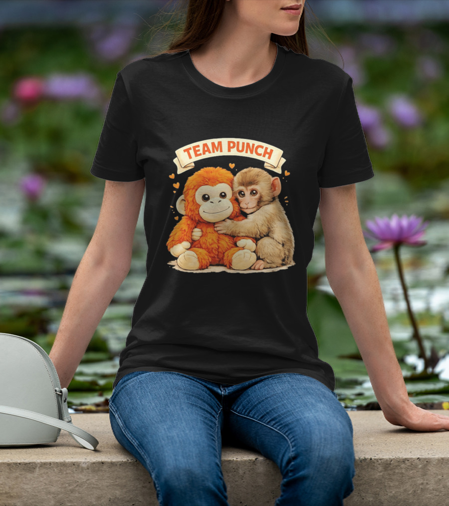Team Punch Cute Baby Monkey Hugging Orange Plush Toy Charming Japanese Style Hearts T-Shirt