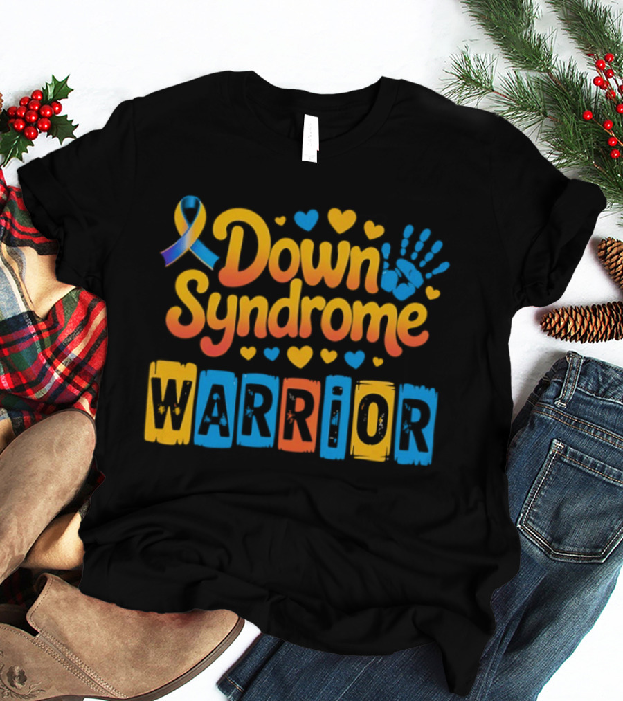 Down Syndrome Warrior Ribbon Handprint Hearts T-Shirt