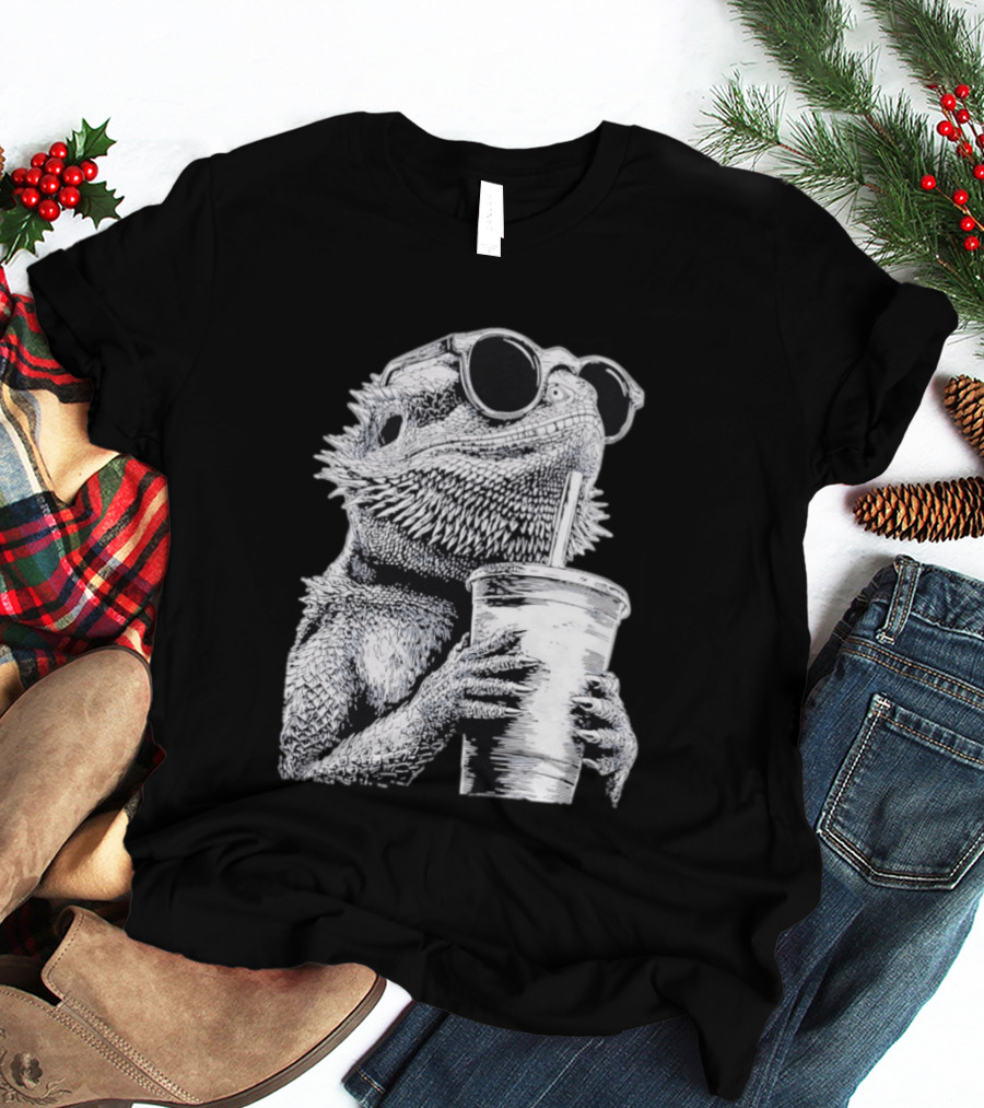 Bearded Dragon With Sunglasses Drinking Iced Coffee T-Shirt