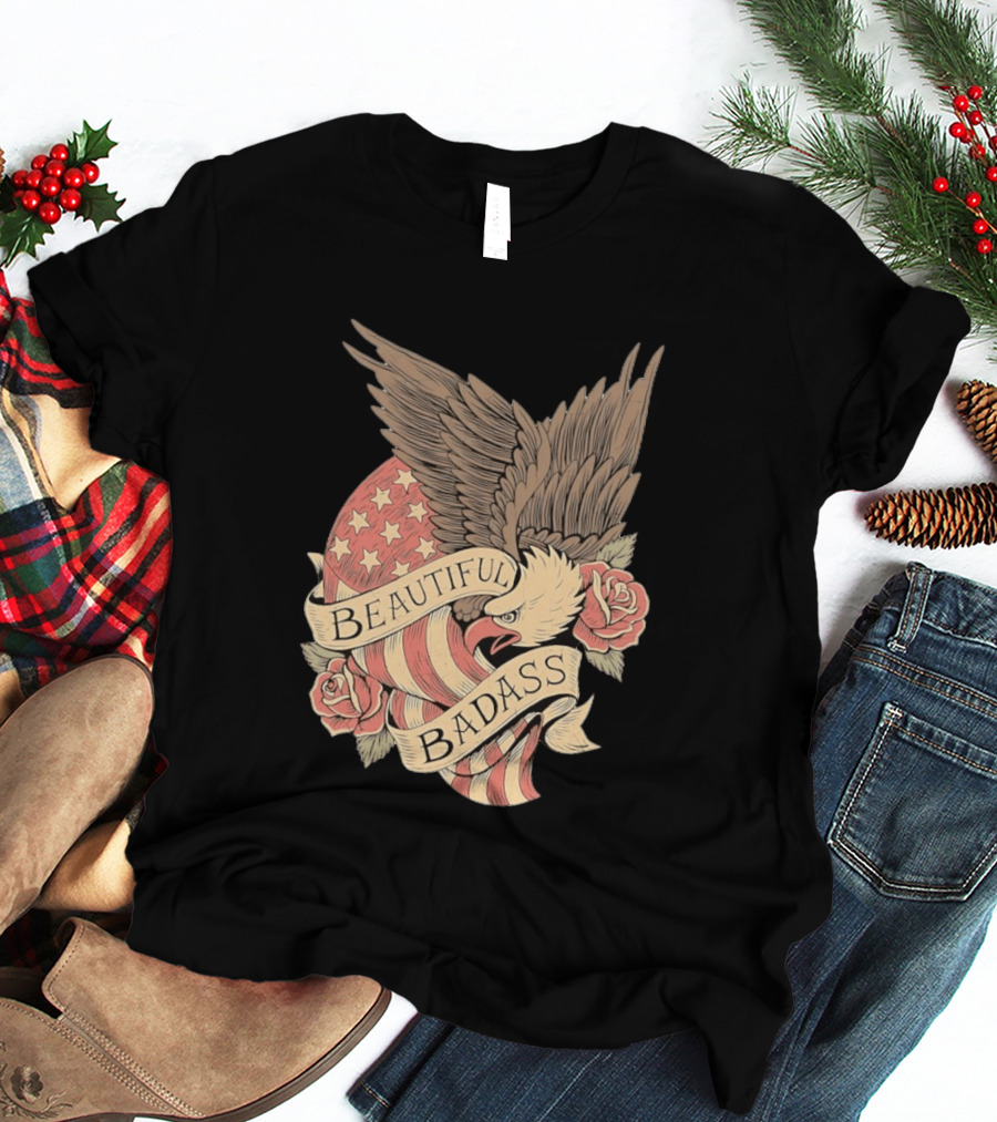 Beautiful Badass Eagle With American Flag And Roses T-Shirt