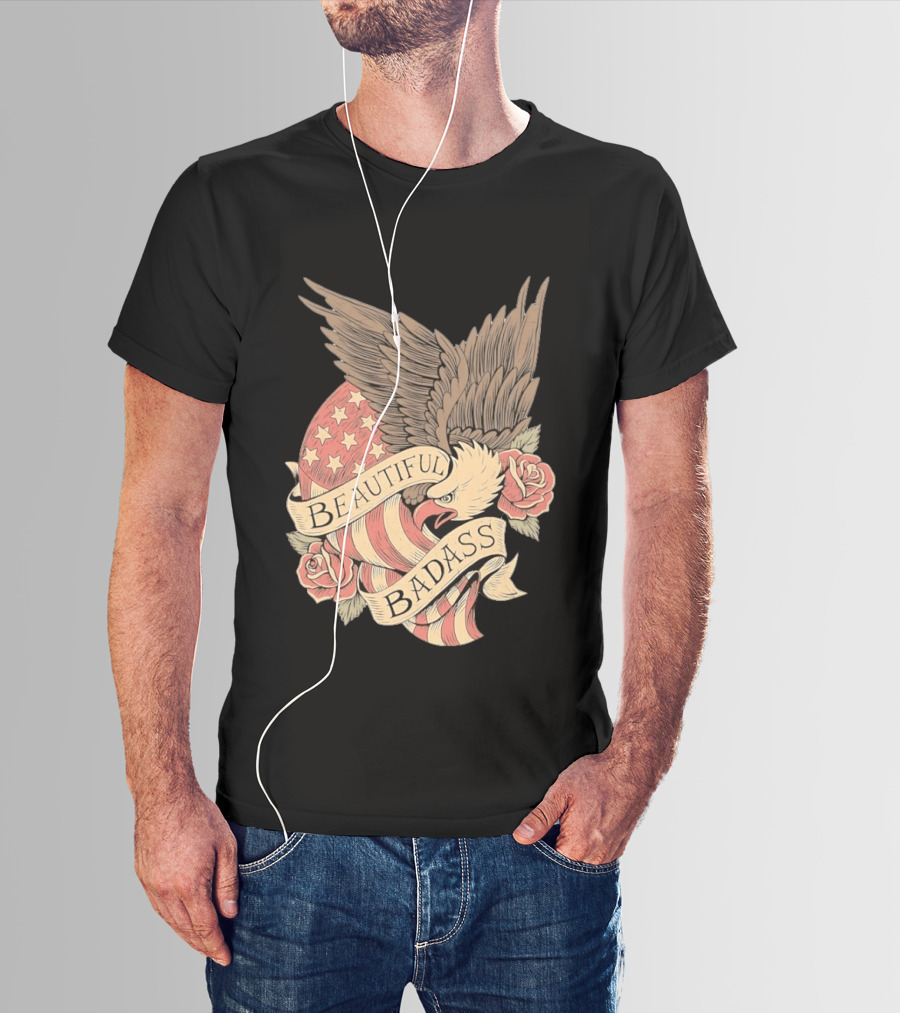 Beautiful Badass Eagle With American Flag And Roses T-Shirt