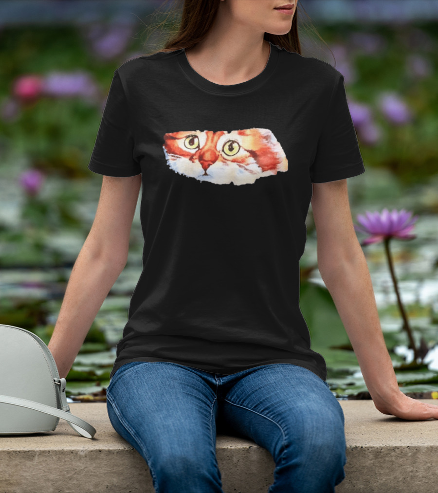 Watercolor Ginger Cat Face Green Eyes Close Up T-Shirt