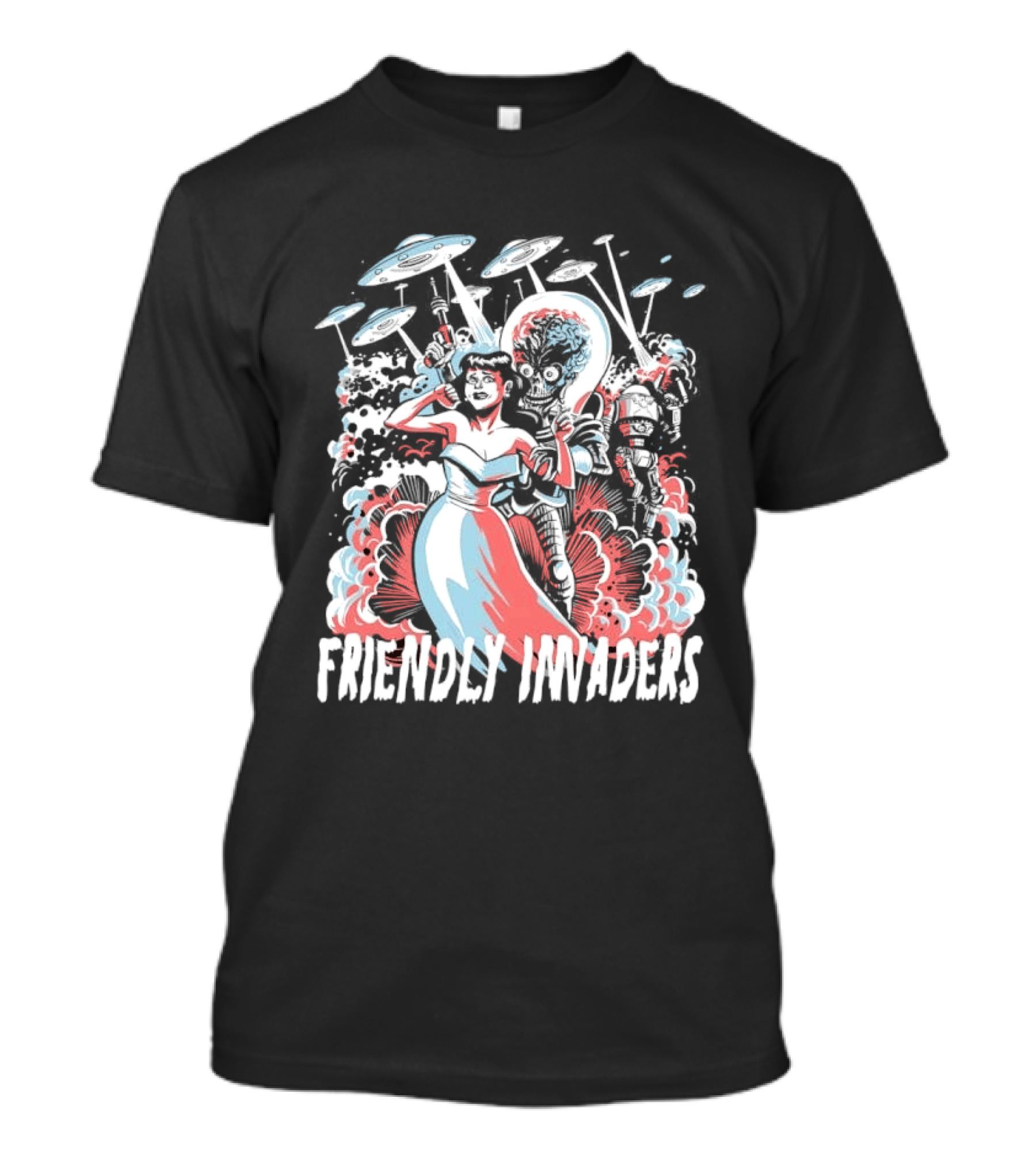 Friendly Invaders Retro UFO Invasion Art With Vintage Sci Fi T-Shirt