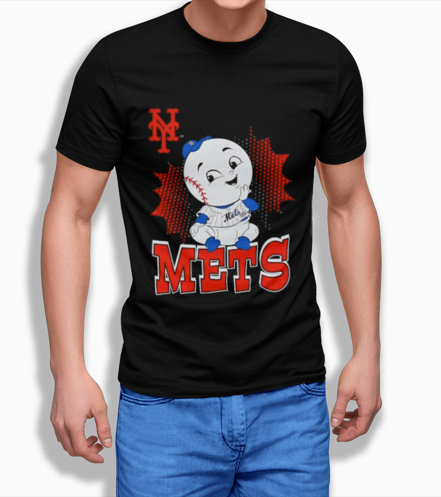 NY Mets Mr. Met Cartoon Character With Baseball And Team T-Shirt