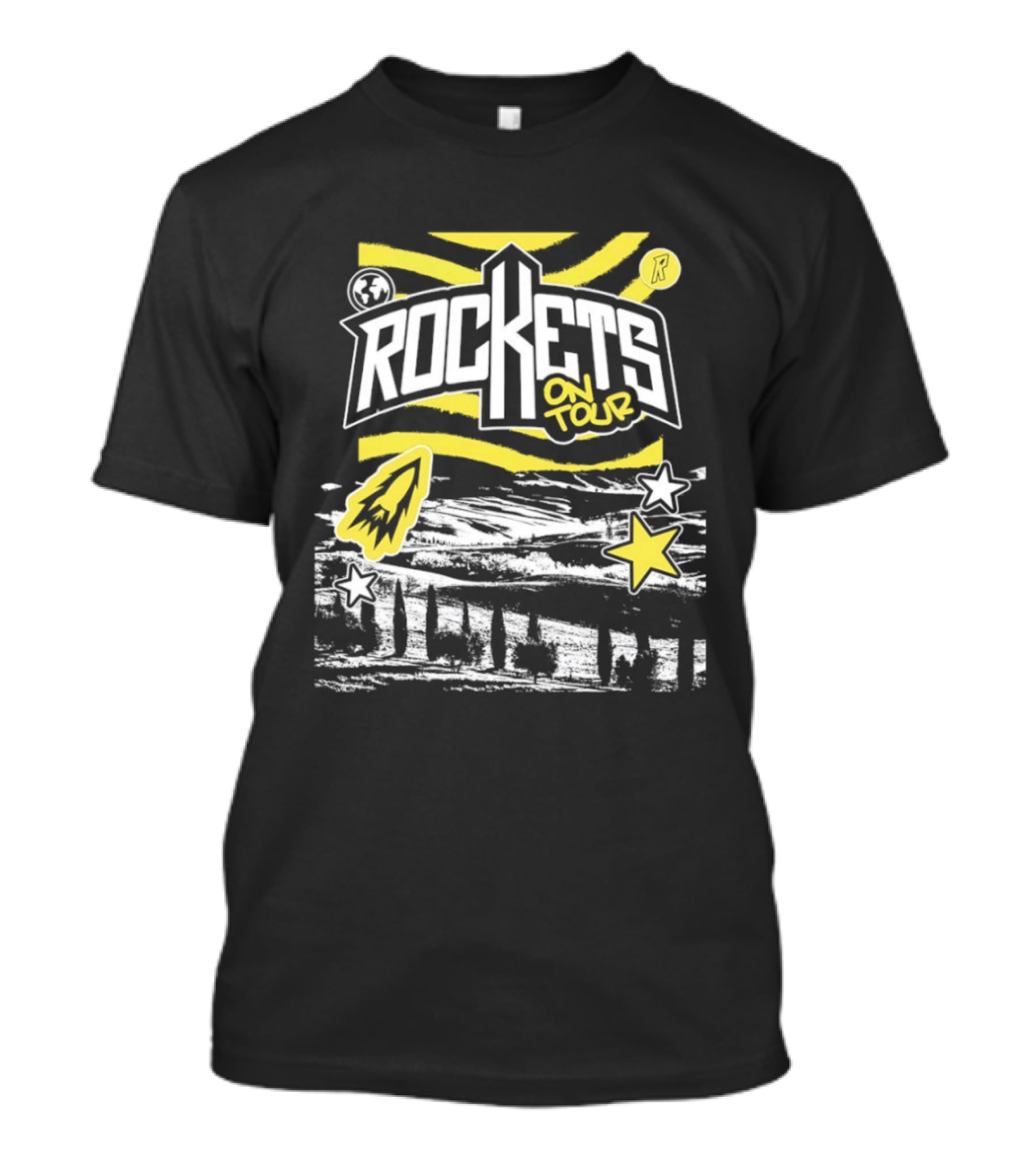 Rockets On Tour Bold Text With Yellow Stars And Rocketship T-Shirt