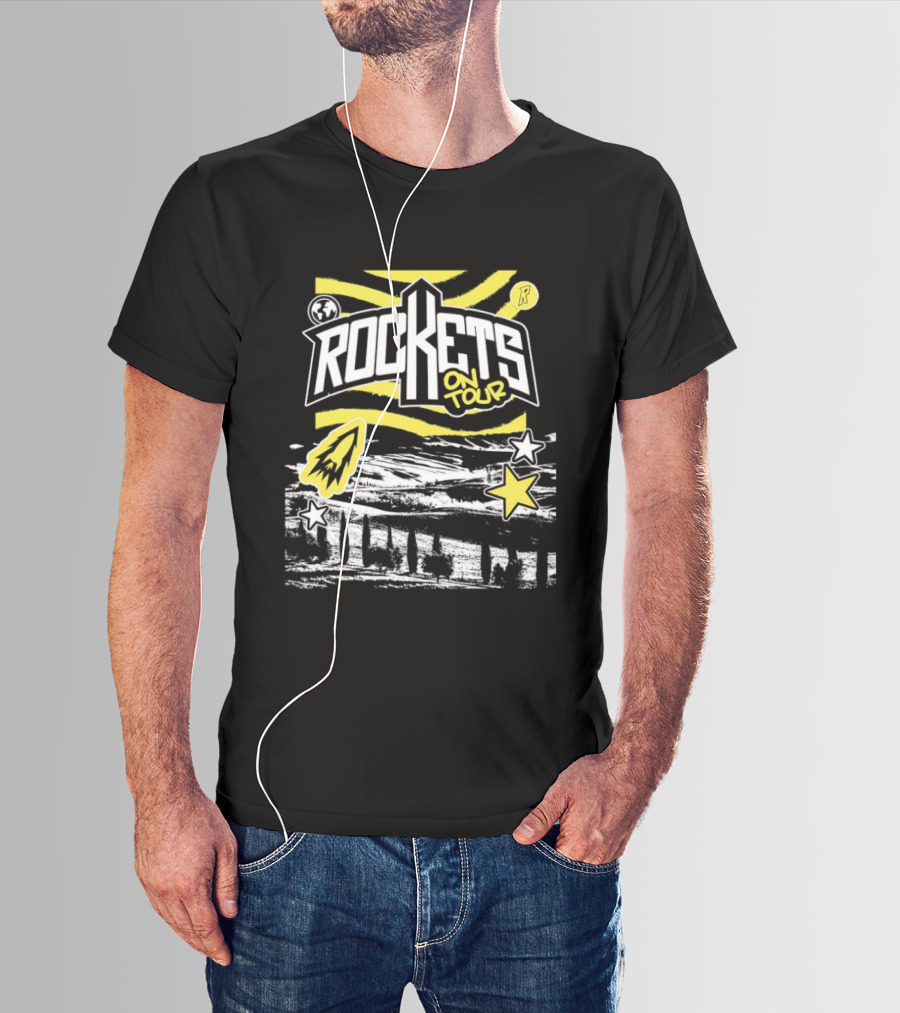 Rockets On Tour Bold Text With Yellow Stars And Rocketship T-Shirt