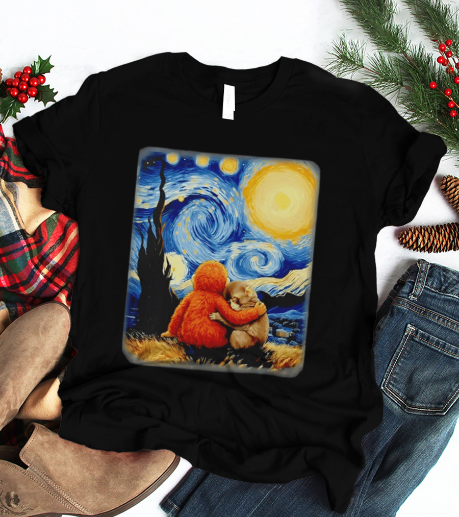 Punch Kun Panchi Kun Van Gogh Monkey Punch Starry Night Hugging Scene T-Shirt