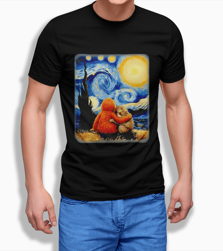 Punch Kun Panchi Kun Van Gogh Monkey Punch Starry Night Hugging Scene T-Shirt