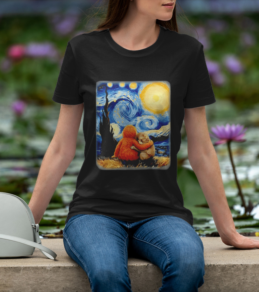 Punch Kun Panchi Kun Van Gogh Monkey Punch Starry Night Hugging Scene T-Shirt