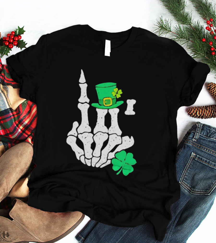 Skeleton Hand With Leprechaun Hat And Shamrock St Patricks Day T-Shirt