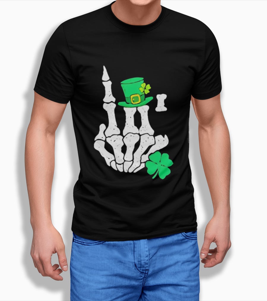 Skeleton Hand With Leprechaun Hat And Shamrock St Patricks Day T-Shirt