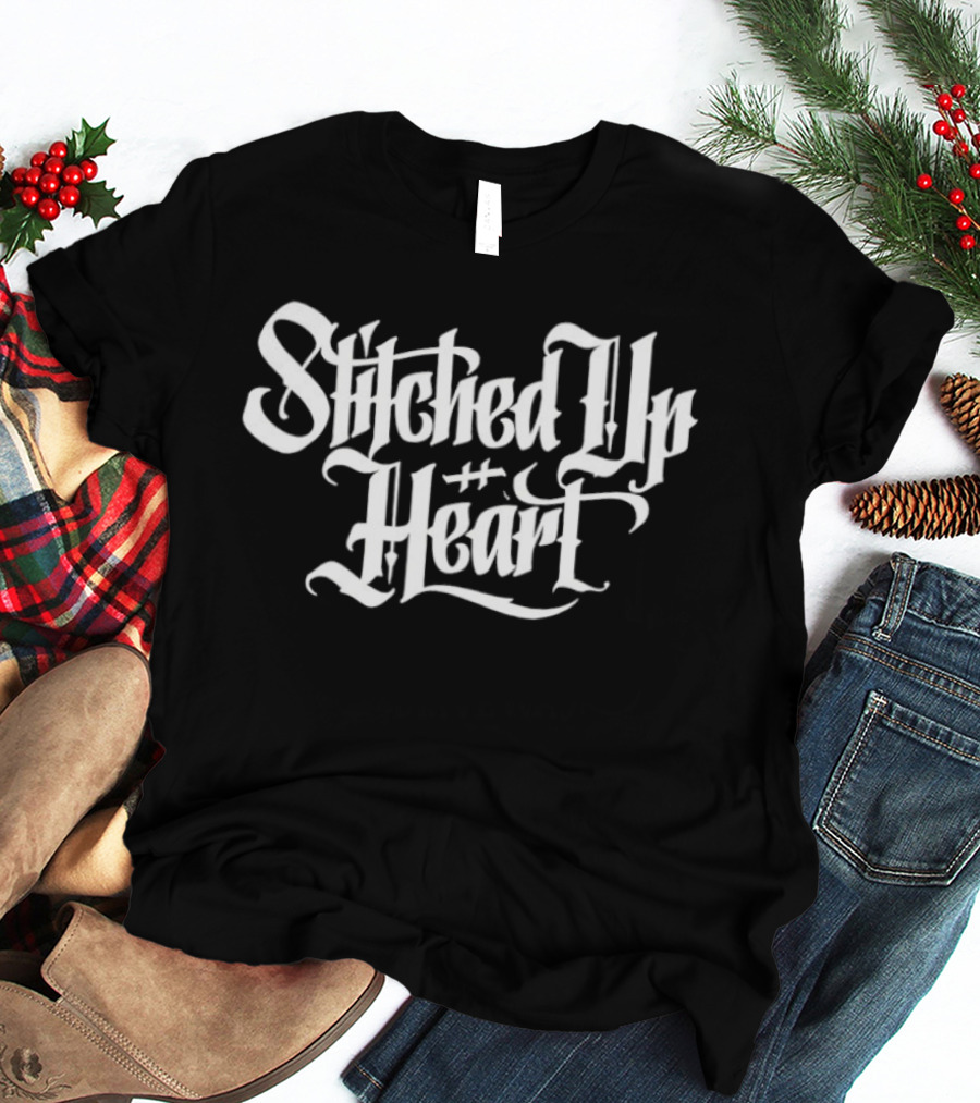 Stitched Up Heart Band Merchandise Gothic Lettering T-Shirt