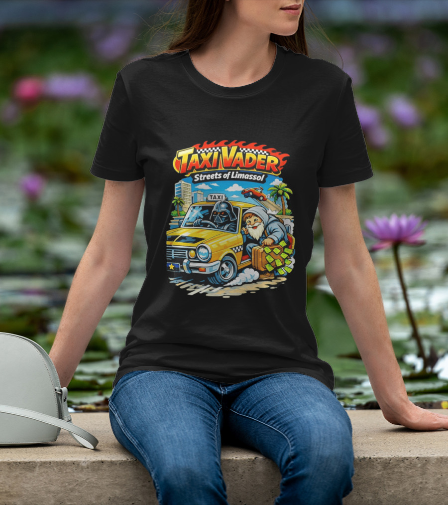 Taxi Vader Streets Of Limassol Adventure With Iconic Characters And Yellow Cab In Cityscape T-Shirt