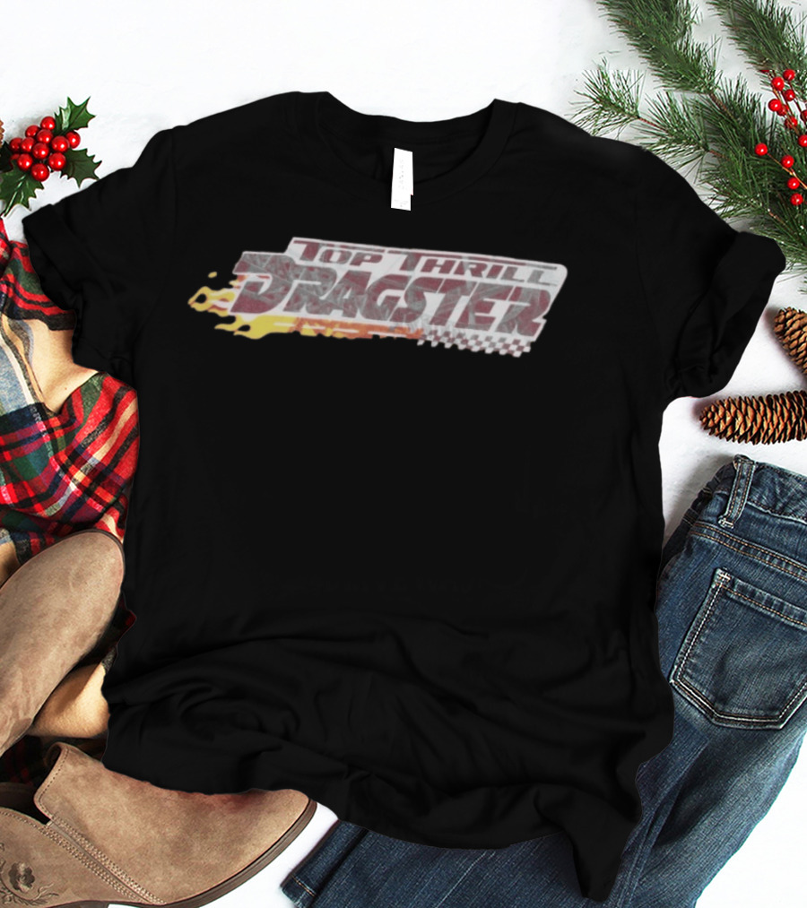 Top Thrill Dragster Flames And Racing Checkered Accents T-Shirt