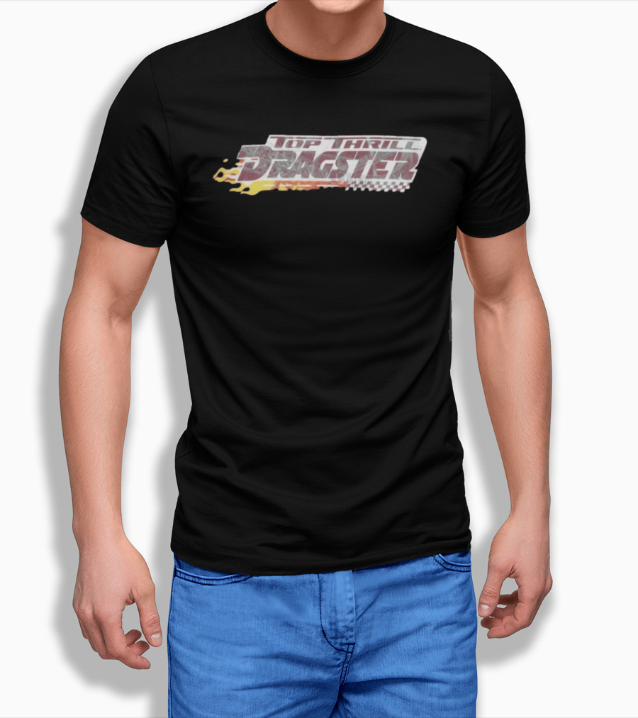 Top Thrill Dragster Flames And Racing Checkered Accents T-Shirt