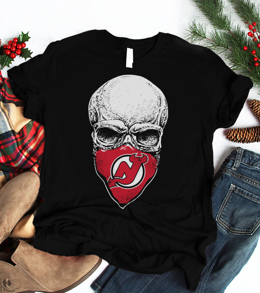 Skull With New Jersey Devils Logo As Face Mask T-Shirt