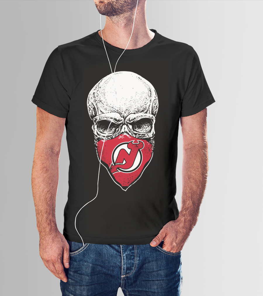 Skull With New Jersey Devils Logo As Face Mask T-Shirt