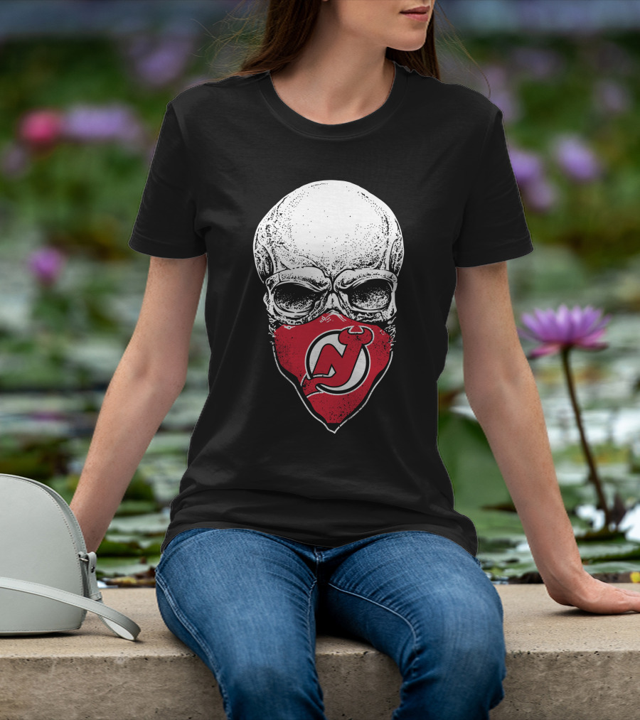 Skull With New Jersey Devils Logo As Face Mask T-Shirt