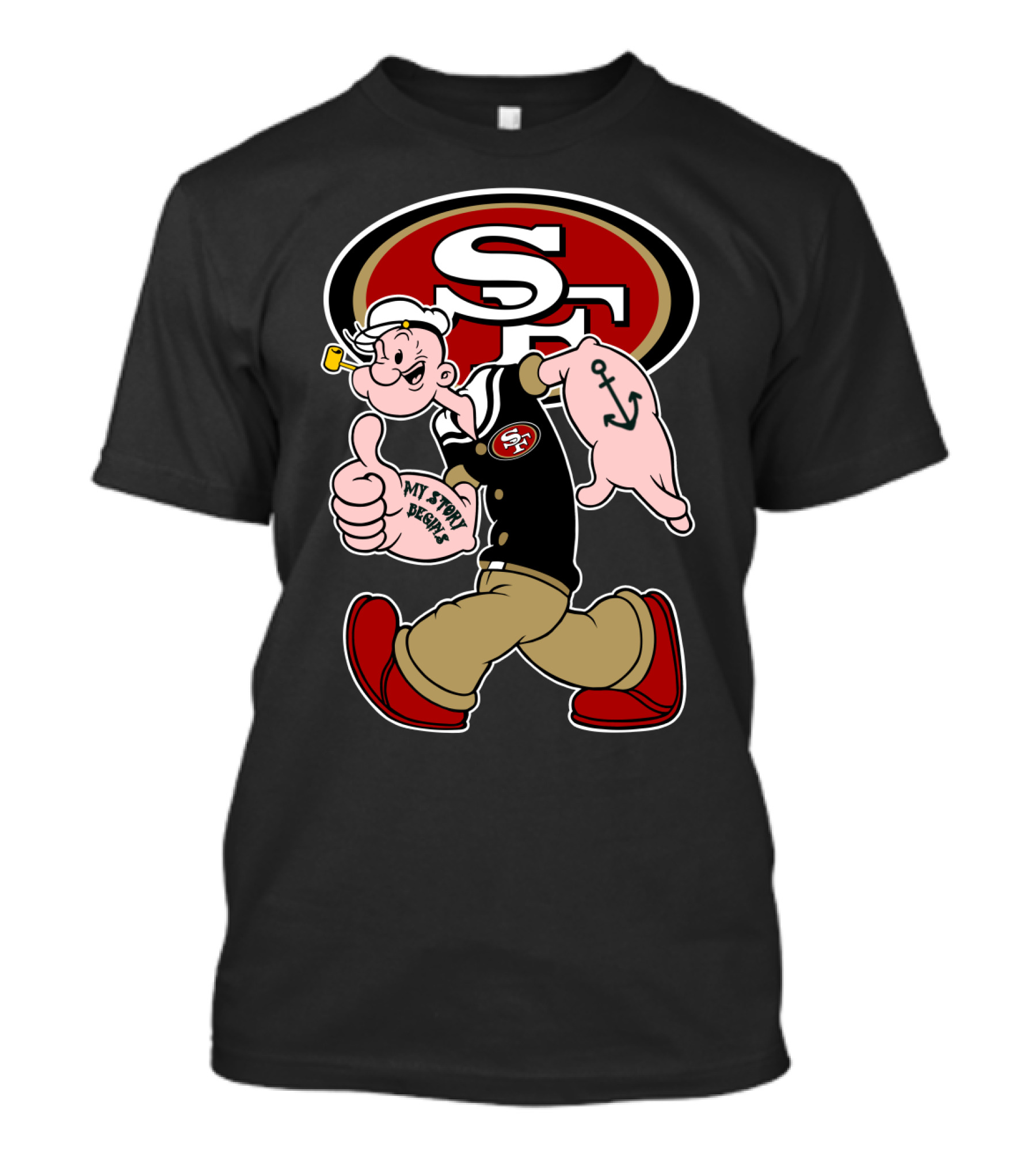 San Francisco 49ers Sf Logo With Walking Sailor Character And Anchor Tattoo T-Shirt