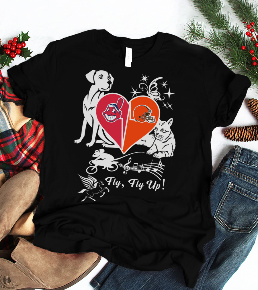 Fly Fly Up Browns Indians Dog Cat Heart Butterfly Music Notes T-Shirt