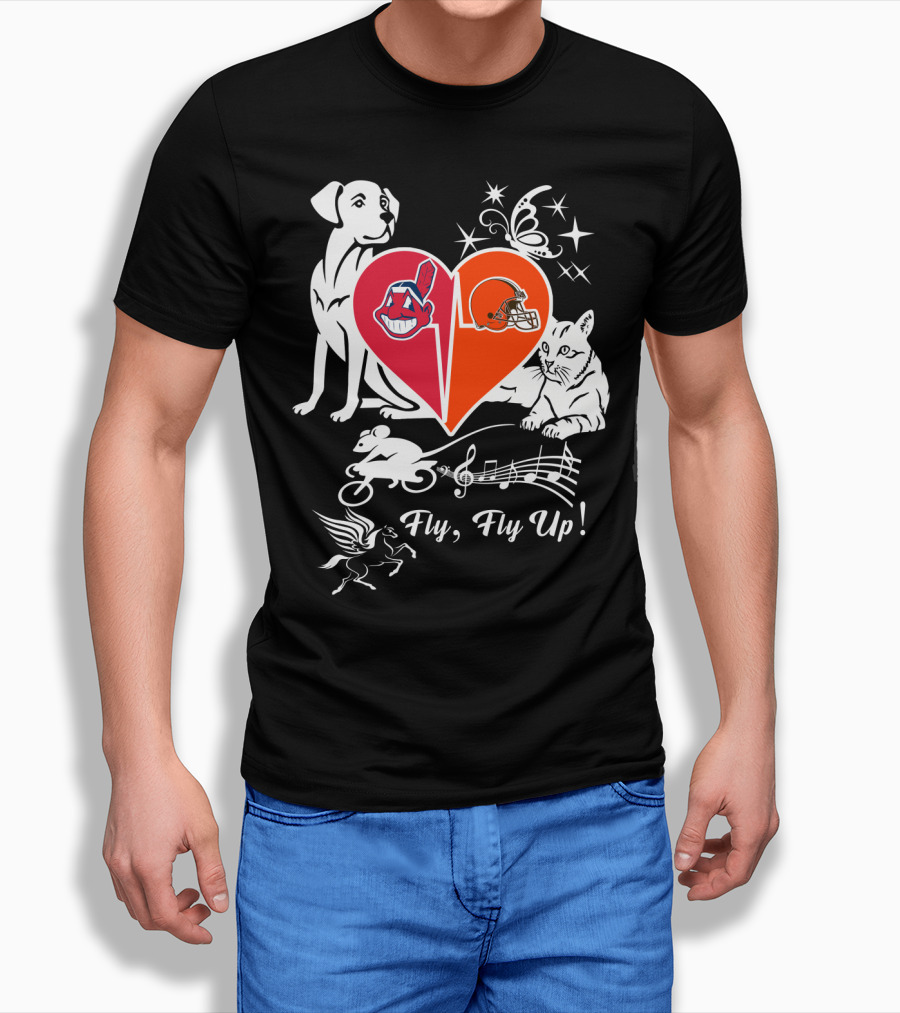 Fly Fly Up Browns Indians Dog Cat Heart Butterfly Music Notes T-Shirt