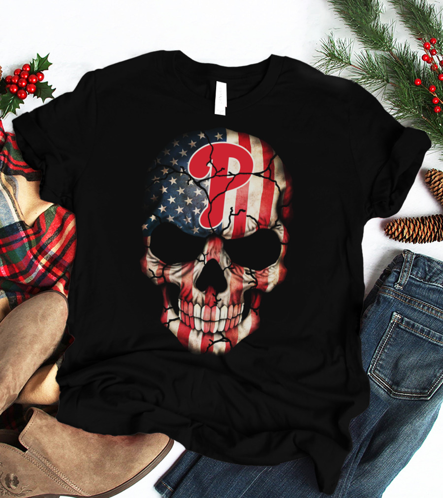 Phillies Skull American Flag Cracked T-Shirt