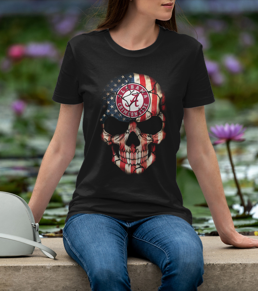 Alabama Crimson Tide Skull American Flag Style T-Shirt