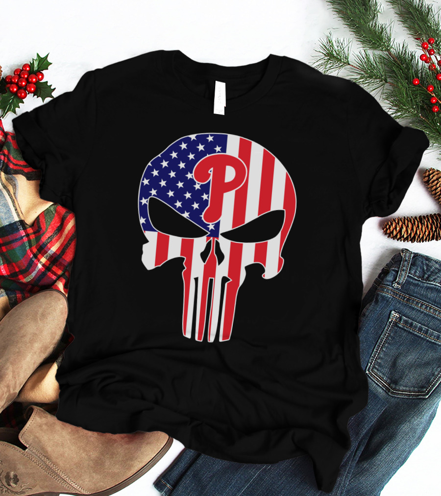 Phillies American Flag Punisher Style Skull T-Shirt