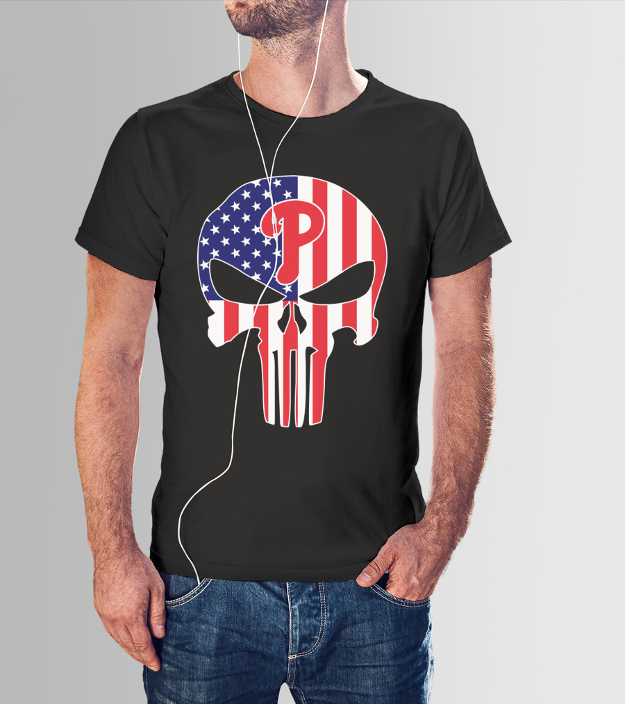 Phillies American Flag Punisher Style Skull T-Shirt