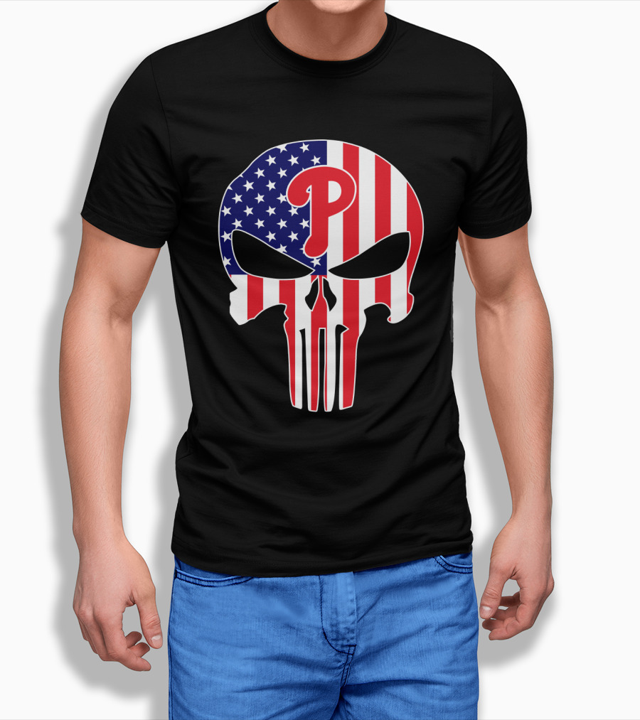 Phillies American Flag Punisher Style Skull T-Shirt
