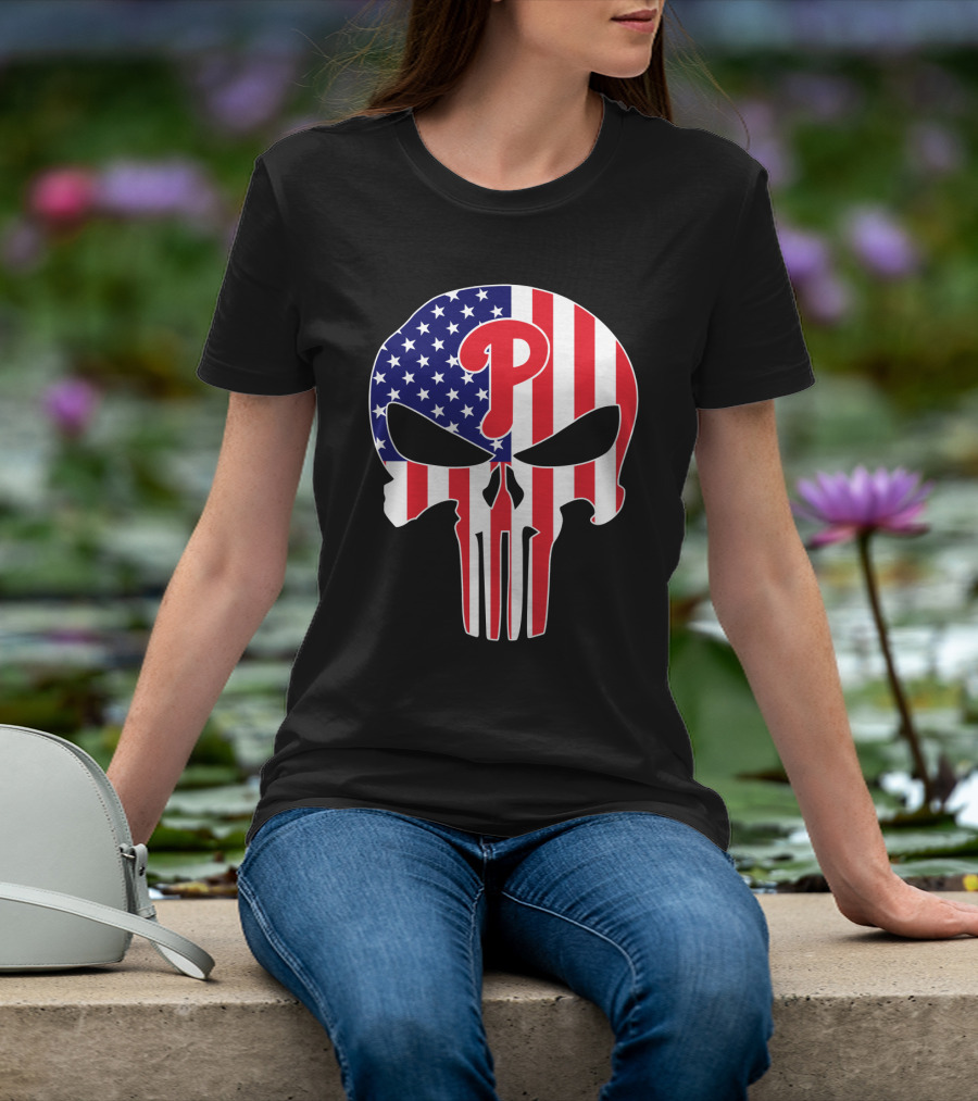 Phillies American Flag Punisher Style Skull T-Shirt