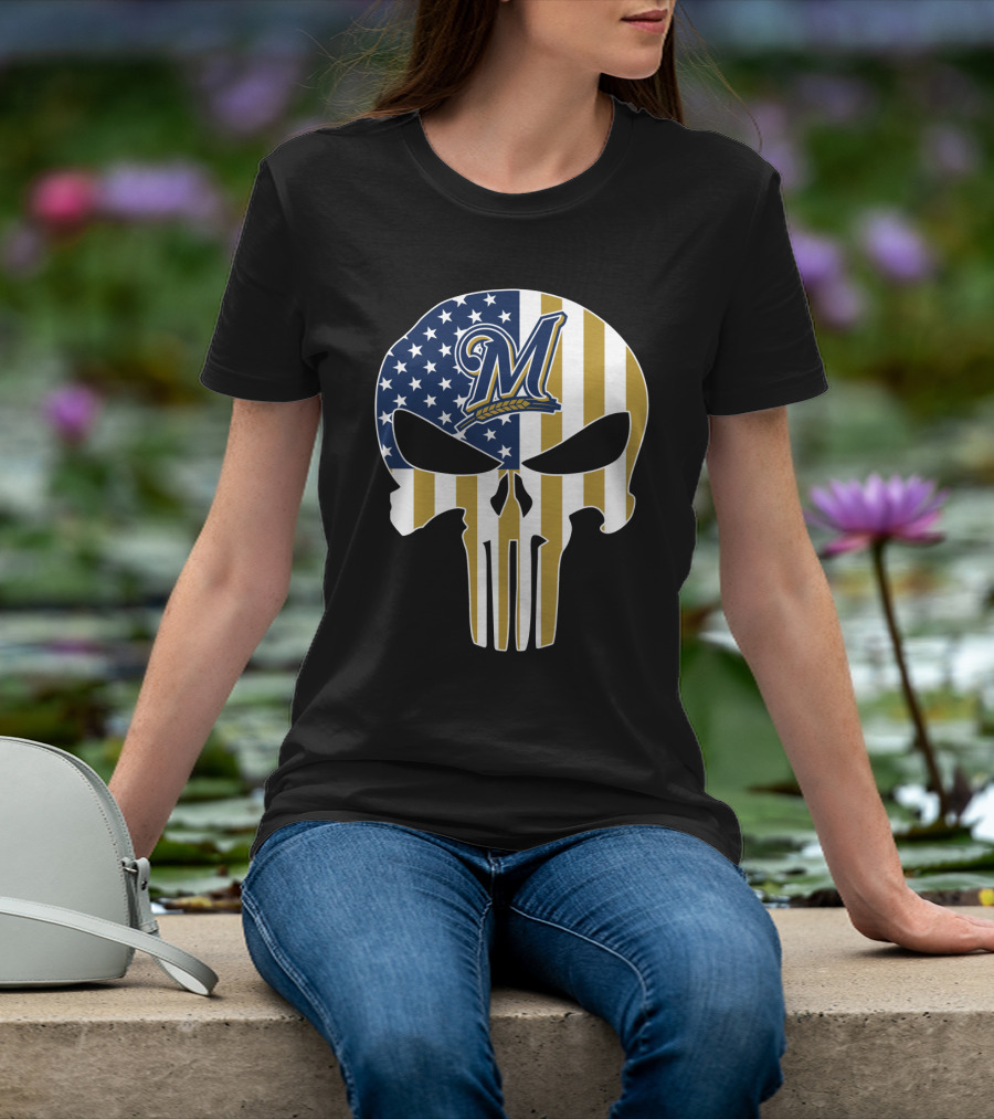 Milwaukee Brewers American Flag Skull T-Shirt
