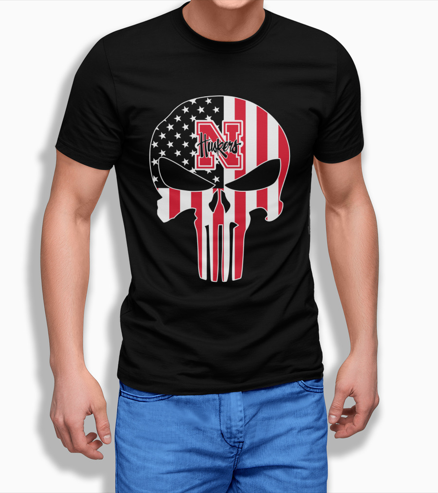 Nebraska Cornhuskers American Flag Skull Punisher T-Shirt