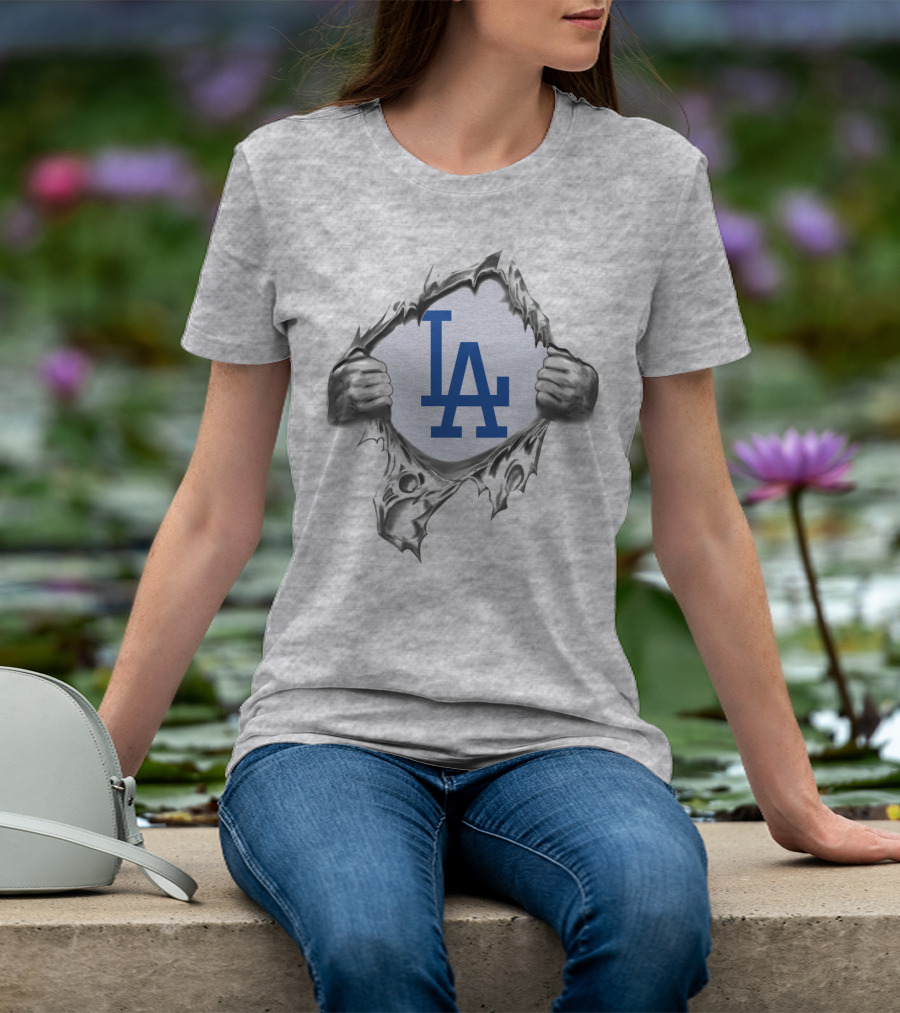 La Dodgers Logo Ripped Through Gray T-Shirt