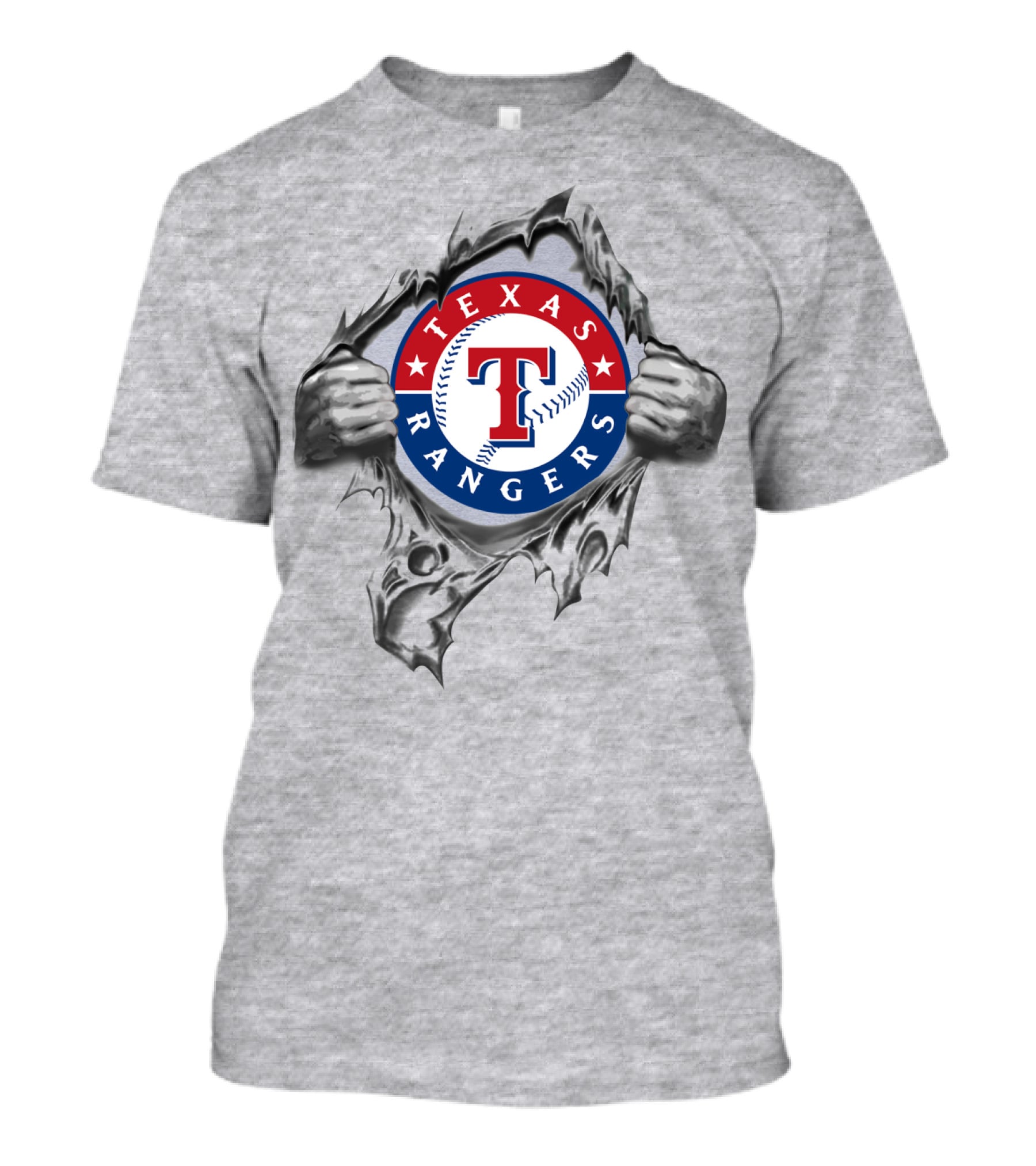 Texas Rangers Baseball Logo With Hands Tearing Through T-Shirt