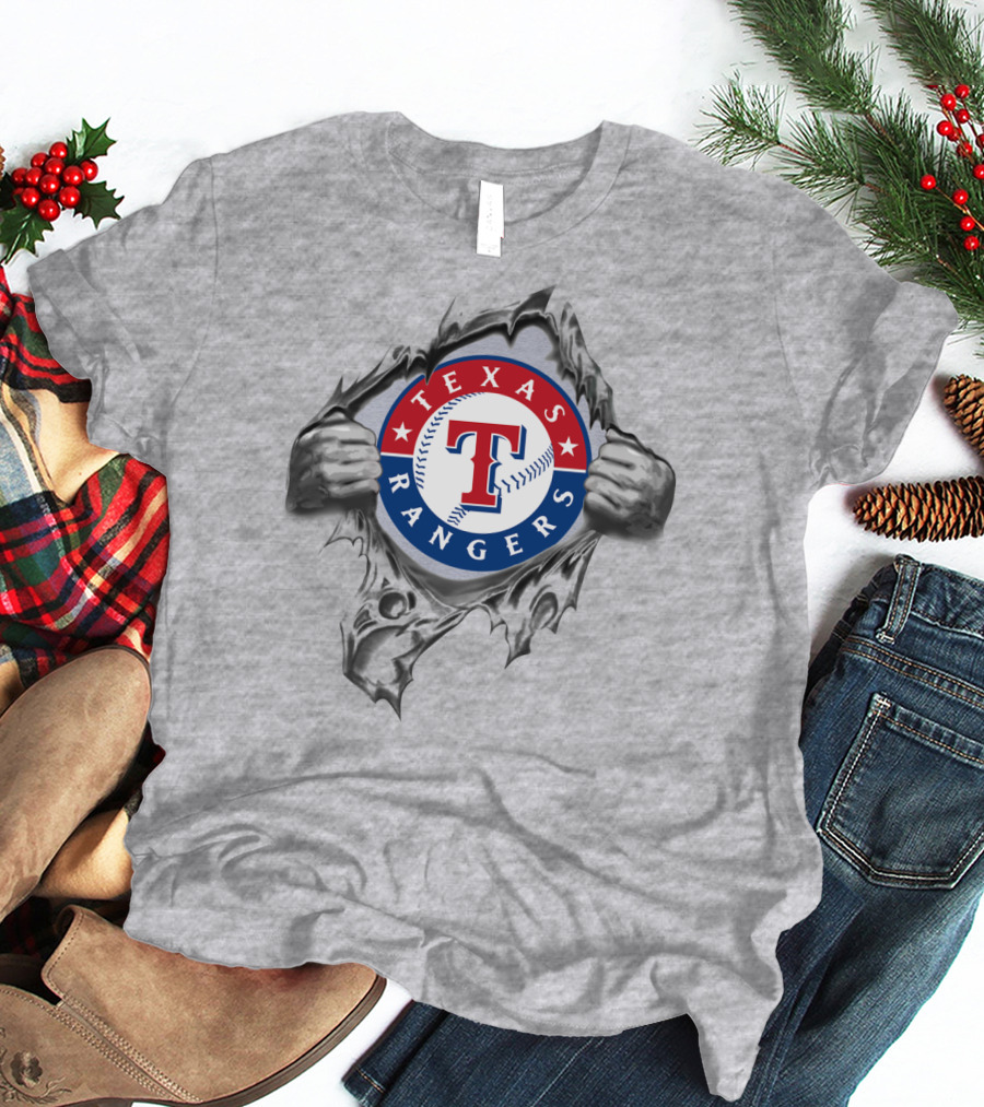 Texas Rangers Baseball Logo With Hands Tearing Through T-Shirt